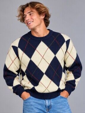Embassy Row Mens Large 100% Wool Argyle Sweater Navy Cream Preppy Vintage